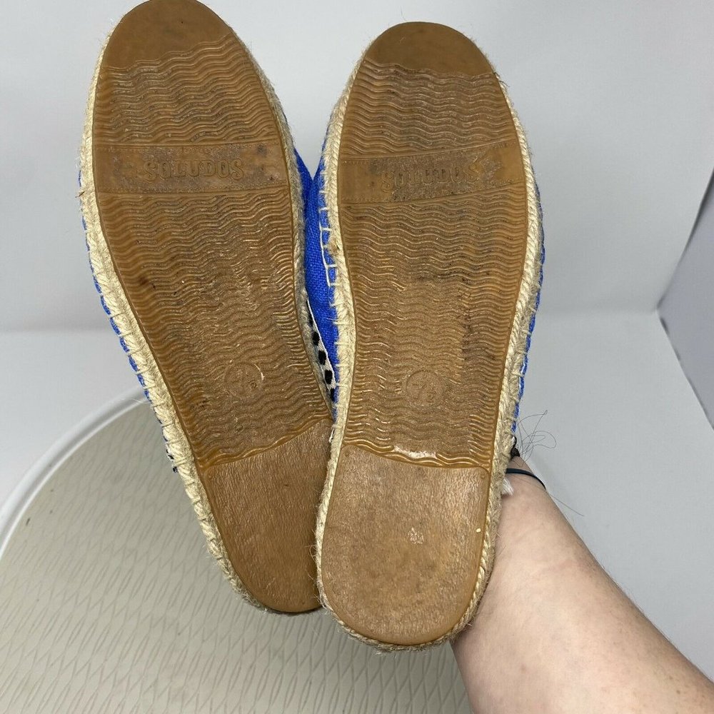 Soludos Slip On Shoes 7.5 Pom Pom Mule Blue Frayed Embellished Canvas Vegan - Picture 8 of 10